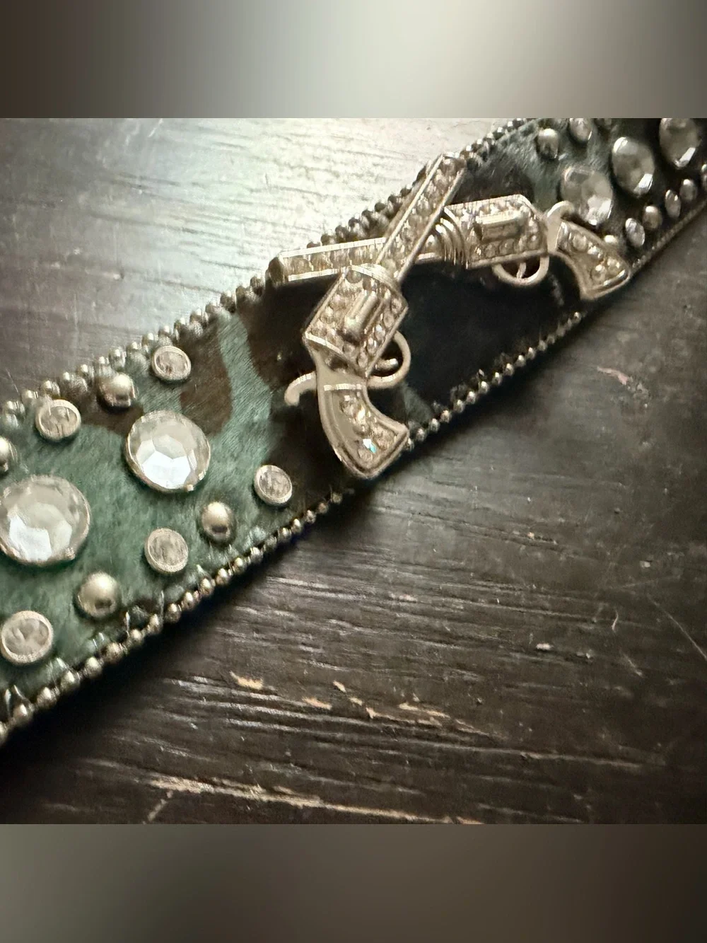 Camo green cowhide rhinestone gunslinger pistols western bling belt large